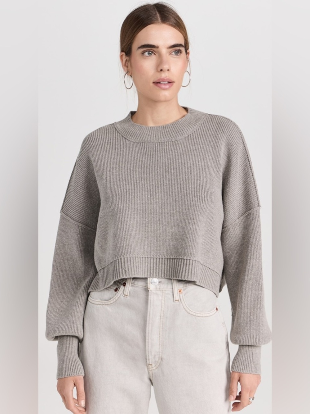 Free People Sweater Sz XL Easy Street Crop Pullover Slouchy Relaxed Ribbed Gray